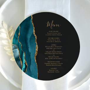 Teal Blue Gold Agate Round Plate Wedding Menu