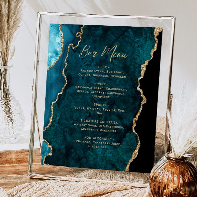 Teal Blue Gold Agate Script Wedding Bar Menu  Poster (Creator Uploaded)