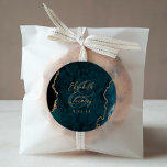 Teal Blue Gold Agate Script Wedding Classic Round Sticker<br><div class="desc">This elegant modern wedding sticker features a teal blue watercolor agate geode design trimmed with faux gold glitter. Easily customise the gold-coloured text,  with the names of the bride and groom in handwriting calligraphy over a large ampersand and the wedding date below.</div>