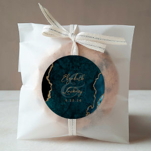 Teal Blue Gold Agate Script Wedding Classic Round Sticker