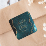 Teal Blue Gold Agate Script Wedding Square Sticker<br><div class="desc">This elegant modern wedding sticker features a teal blue watercolor agate geode design trimmed with faux gold glitter. Easily customise the gold-coloured text,  with the names of the bride and groom in handwriting calligraphy over a large ampersand and the wedding date below.</div>