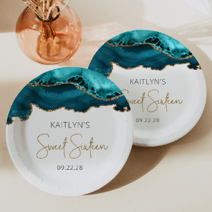 Teal Blue Gold Agate Sweet 16 Birthday Party Paper Plate