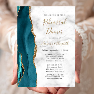 Teal Blue Gold Agate Wedding Rehearsal Dinner Invitation