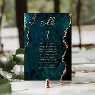 Teal Blue Gold Agate Wedding Table Number