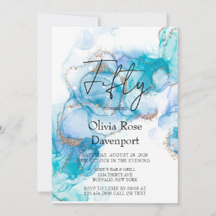 Teal Blue & Gold Alcohol Ink 50th Birthday Party  Invitation