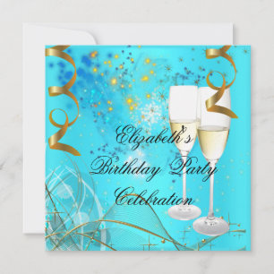 Teal Blue Gold Birthday Party Champagne Invitation