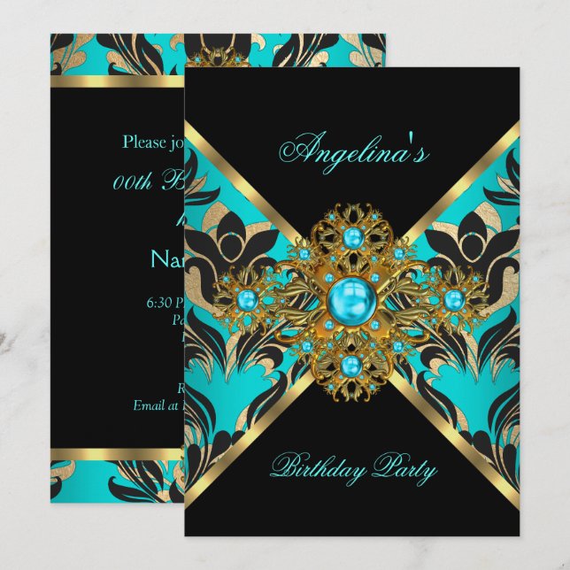 Teal Blue Gold Black Damask Floral Birthday Party Invitation (Front/Back)