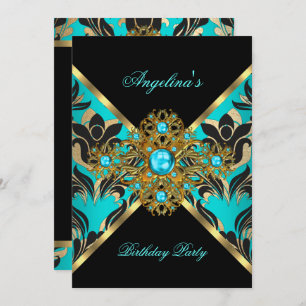 Teal Blue Gold Black Damask Floral Birthday Party Invitation