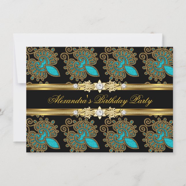 Teal Blue Gold Black Elegant Birthday Party Invitation (Front)
