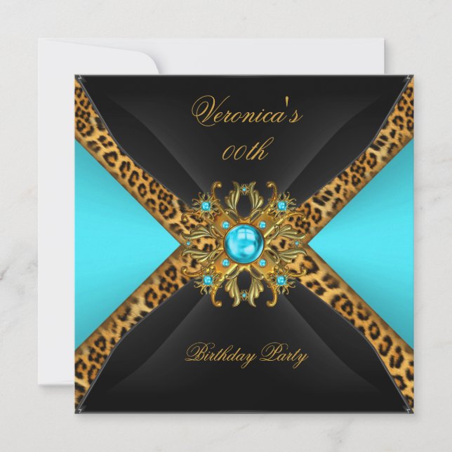 Teal Blue Gold Black Leopard Jewel Birthday Party Invitation (Front)