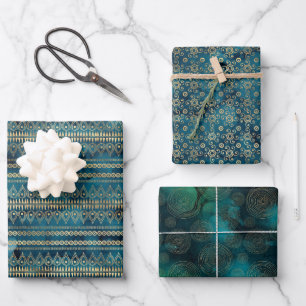 Teal Blue Gold Boho  Wrapping Paper Sheet