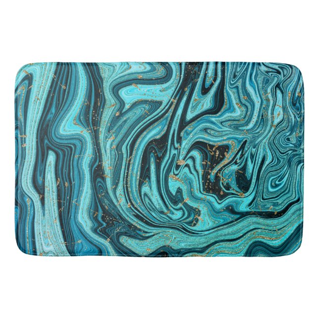 Teal Blue & Gold Chic Swirl Modern Abstract Bath Mat (Front)