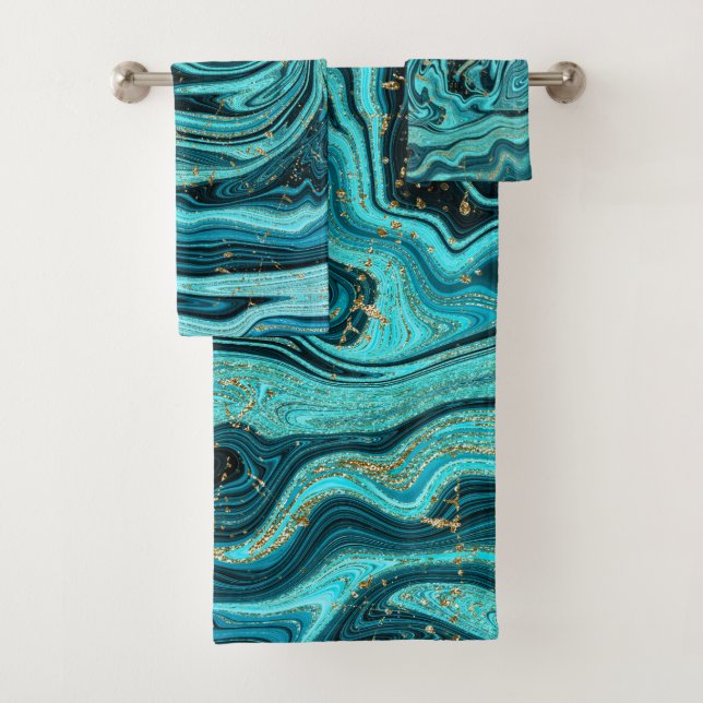 Teal Blue & Gold Chic Swirl Modern Abstract Bath Towel Set (Insitu)