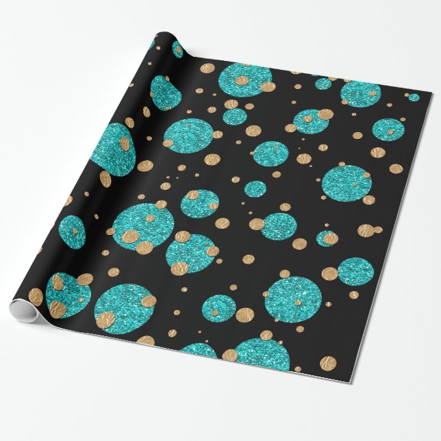 Teal Blue Gold Confetti Dot Wrapping Paper (Unrolled)
