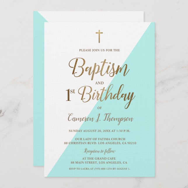 Teal Blue Gold Cross Baptism 1st Birthday Invitation (Front/Back)