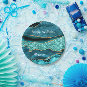 Teal Blue Gold Custom Name Birthday Paper Plates