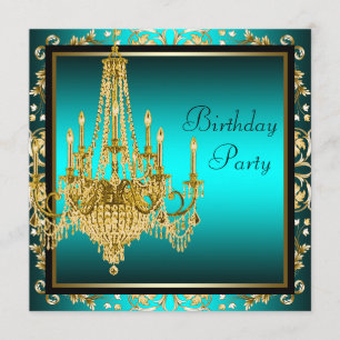 Teal Blue Gold Damask Chandelier Birthday Party Invitation