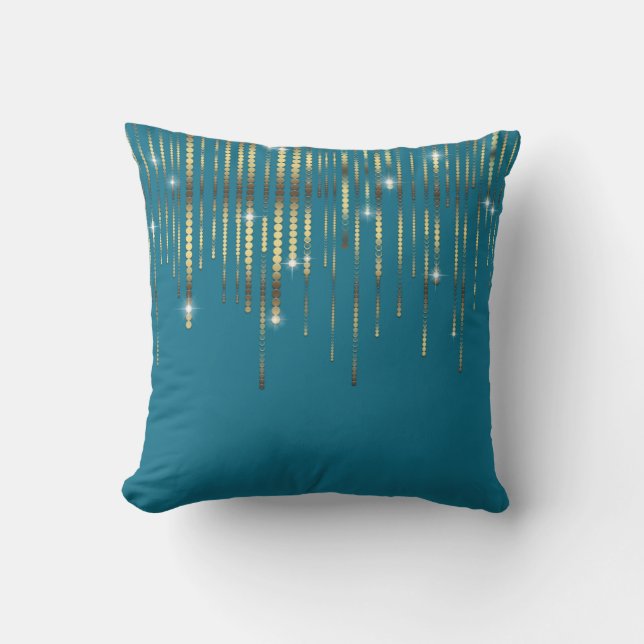 Teal Blue Gold Drape Boho Luxury Sparkle Cushion (Front)
