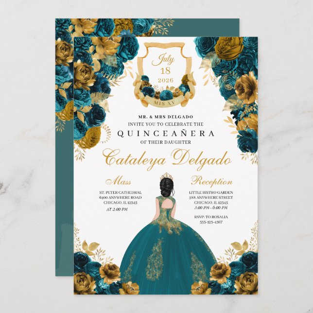 Teal Blue & Gold Floral Elegant Quinceañera Invitation (Front/Back)