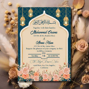 Teal Blue Gold Floral Islamic Muslim Wedding Invitation