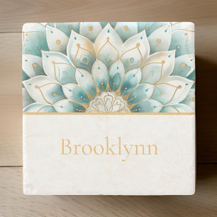 Teal Blue Gold Floral Mandala Personalised Stone Coaster