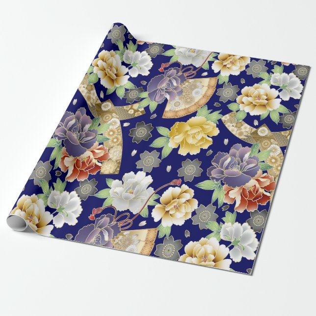 Teal Blue Gold Flowers Elegant Asian Pattern Wrapping Paper (Unrolled)