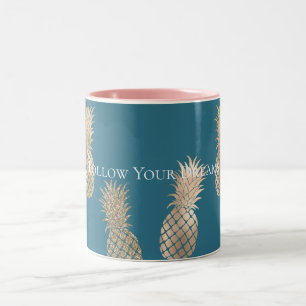 Teal Blue Gold Glam Pineapples Two-Tone Coffee Mug