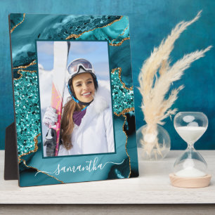 Teal Blue Gold Glitter Agate Elegant Name Photo Plaque