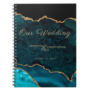 Teal Blue Gold Glitter Agate Our Wedding Notebook