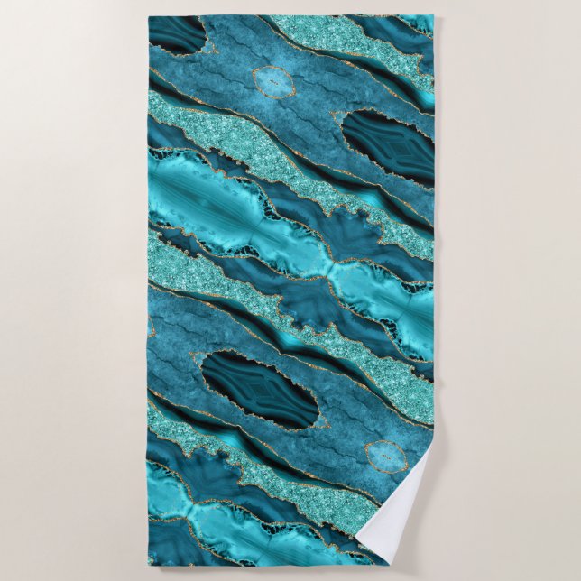 Teal Blue Gold Glitter Aqua Turquoise Beach Towel (Front)