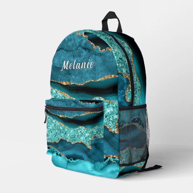 Teal Blue Gold Glitter Backpack with Custom Name (Back Corner Right)
