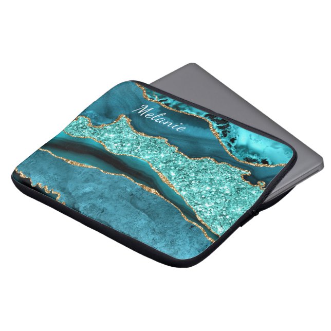 Teal Blue Gold Glitter Custom Name Laptop Sleeve (Front Top)