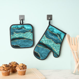 Teal Blue Gold Glitter Custom Name Personalized Oven Mitt & Pot Holder Set