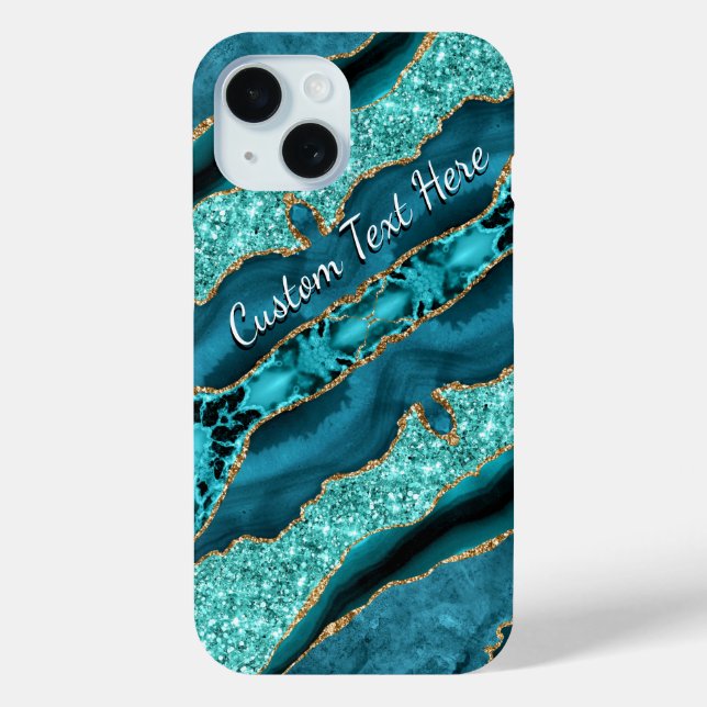 Teal Blue Gold Glitter Custom Text iPhone Case (Back)