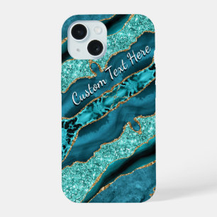 Teal Blue Gold Glitter Custom Text iPhone Case
