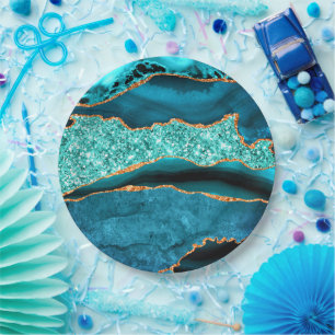 Teal Blue Gold Glitter Marble Aqua Paper Plates
