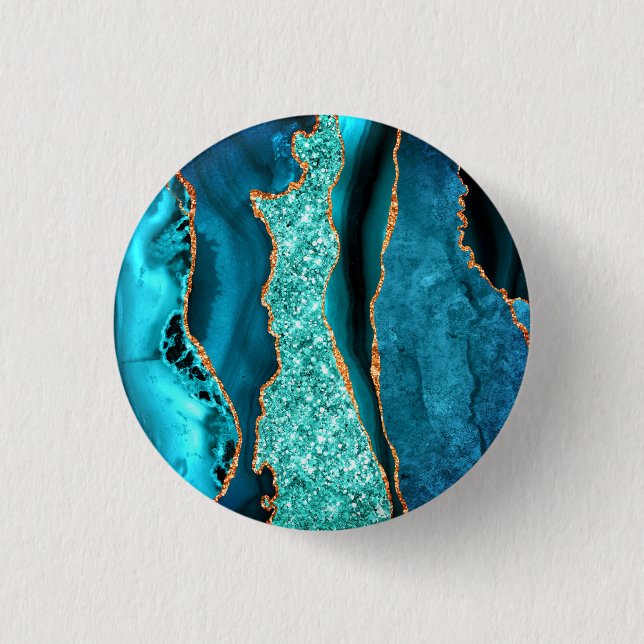 Teal Blue Gold Glitter Marble Button (Front)
