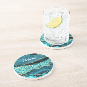 Teal Blue Gold Glitter Marble Custom Name Coaster