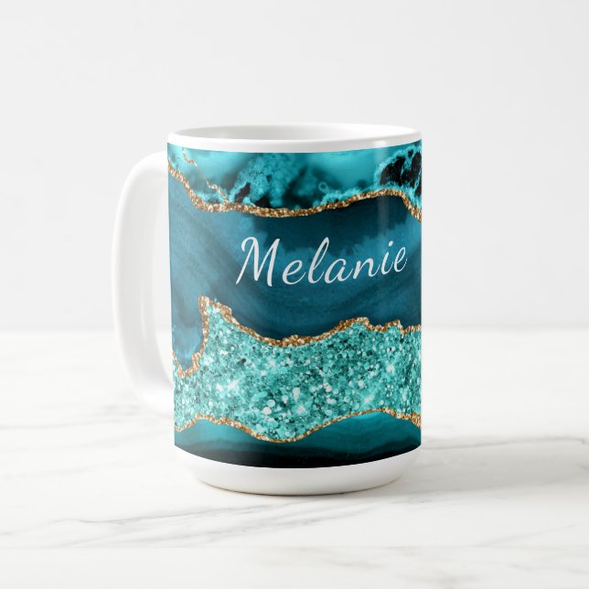 Teal Blue Gold Glitter Marble Custom Name Mug (Front Left)