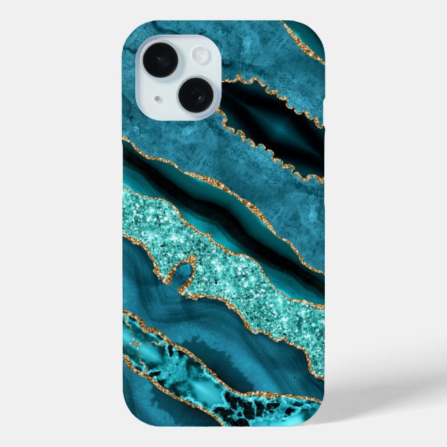Teal Blue Gold Glitter Marble iPhone Case (Back)