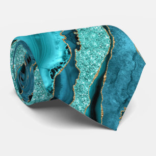 Teal Blue Gold Glitter Marble Neck Tie