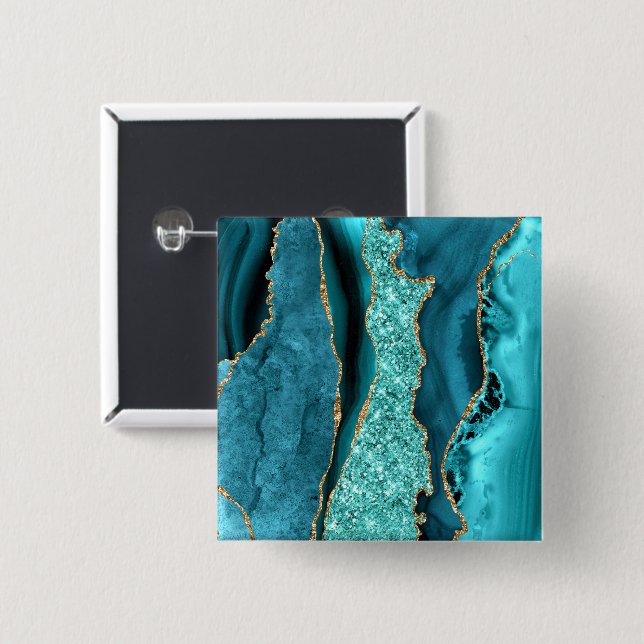 Teal Blue Gold Glitter Marble Turquoise Button (Front & Back)