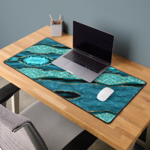 Teal Blue Gold Glitter Marble Turquoise Desk Mat