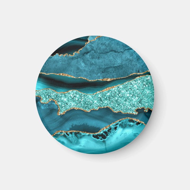 Teal Blue Gold Glitter Marble Turquoise Magnet (Front)