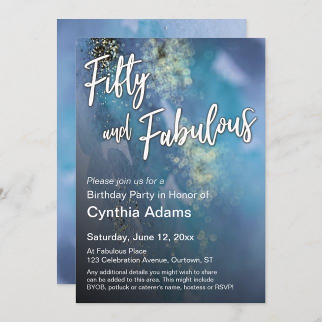 Teal & Blue Gold Glitter Modern Fifty and Fabulous Invitation (Front/Back)