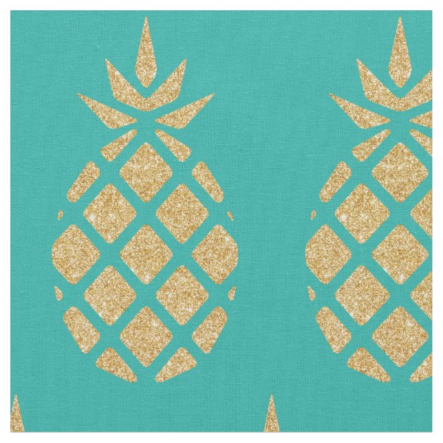 Teal Blue Gold Glitter Pineapple Tropical Summer Fabric (Close Up)