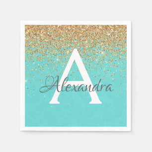 Teal Blue Gold Glitter & Sparkle Monogram Birthday Napkin