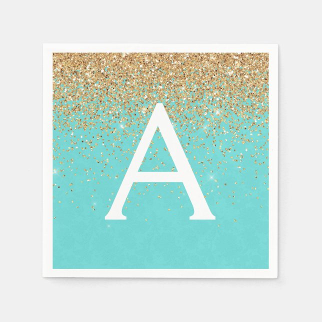Teal Blue Gold Glitter & Sparkle Monogram Birthday Napkin (Front)