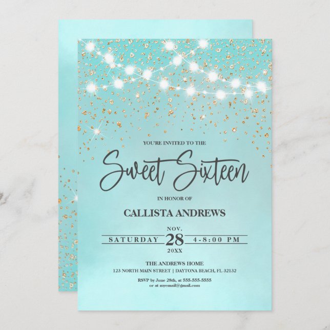 Teal Blue Gold Glitter Sparkles Lights Sweet 16 Invitation (Front/Back)