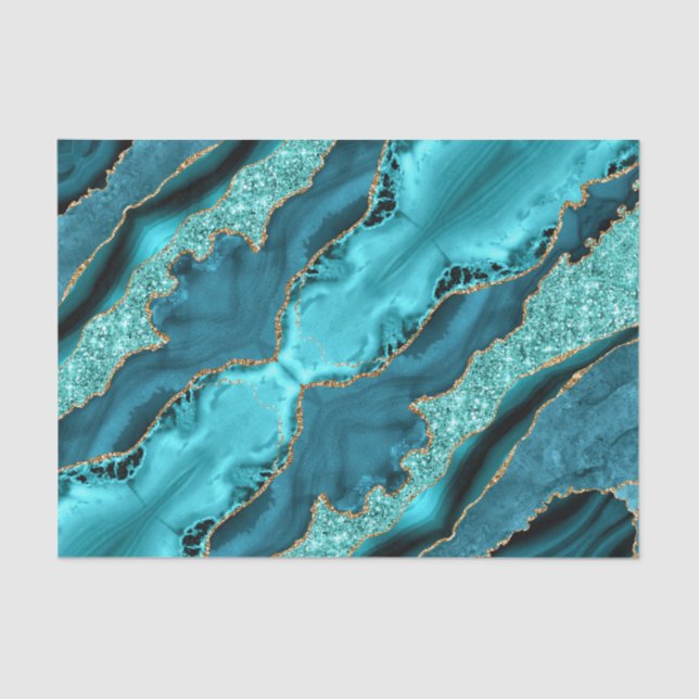 Teal Blue Gold Glitter Sparkly Aqua Tissue Paper (Front)